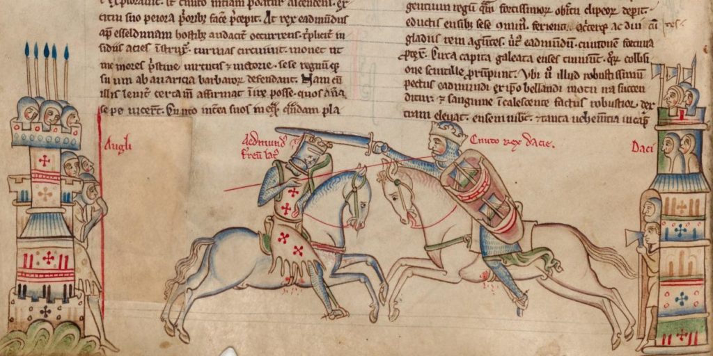 Medieval impression depicting Edmund Ironside (left) and Canute (right).