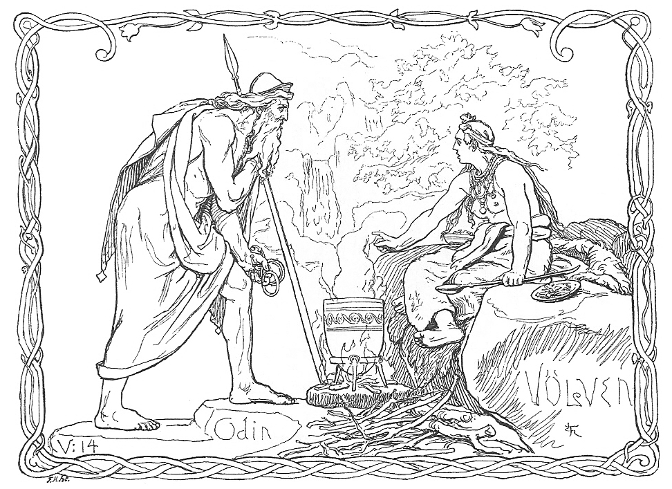 A völva, a Scandinavian seeress, tells the spear-wielding god Odin of what has been and what will be in Odin and the Völva by Lorenz Frølich (1895)