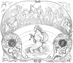 Thor wades rivers while the rest of the æsir ride across the bridge Bifröst as described in Grímnismál.